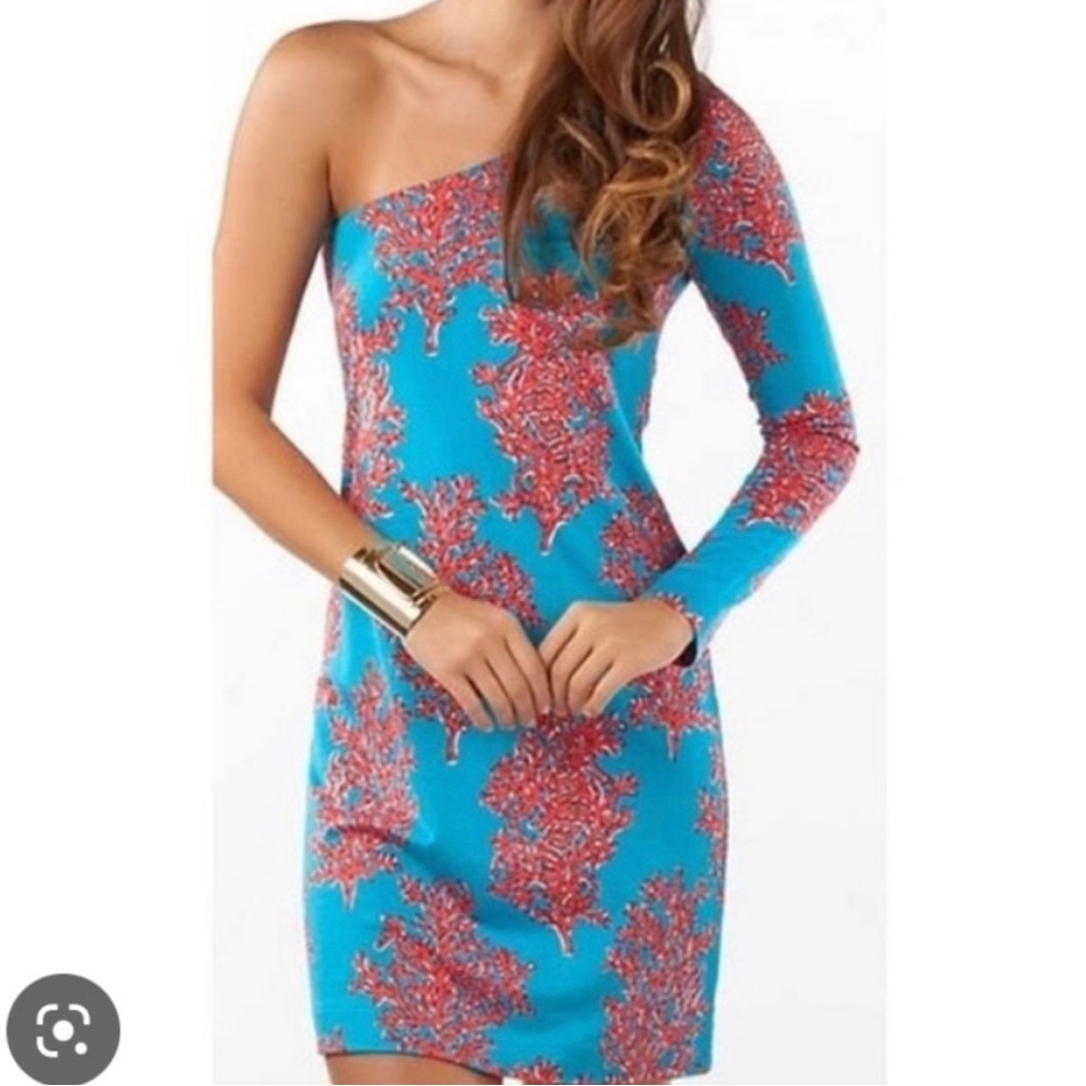 NWOT Lilly Pulitzer One Shoulder Long Sleeve Shell Dress SZ small BLUE RED CORAL